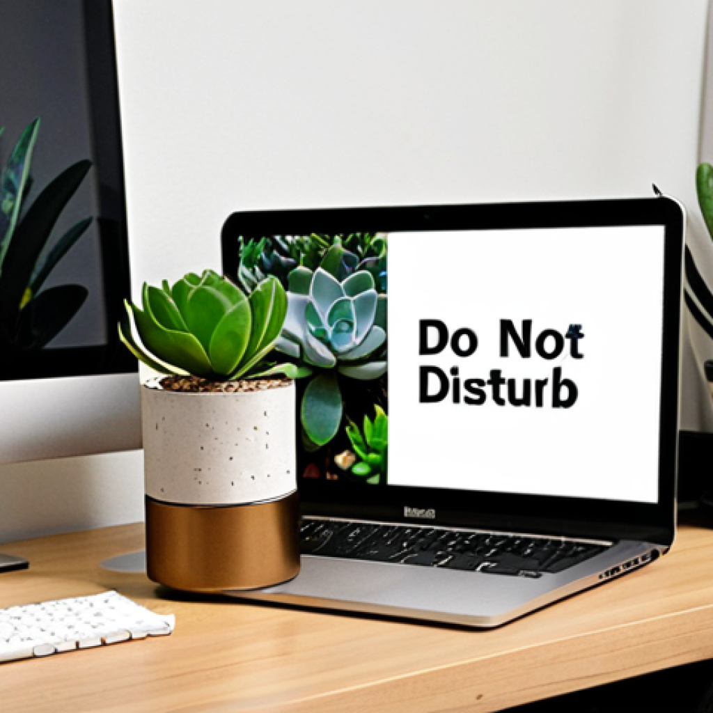 **Focused Workspace with Greenery:** Close-up of a dedicated workspace. Feature noise-canceling headphones, a small desk with a Trello board visible on a screen, a succulent plant, and a scented candle. A "Do Not Disturb" sign is subtly visible on the door.