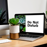 **Focused Workspace with Greenery:** Close-up of a dedicated workspace. Feature noise-canceling headphones, a small desk with a Trello board visible on a screen, a succulent plant, and a scented candle. A "Do Not Disturb" sign is subtly visible on the door.