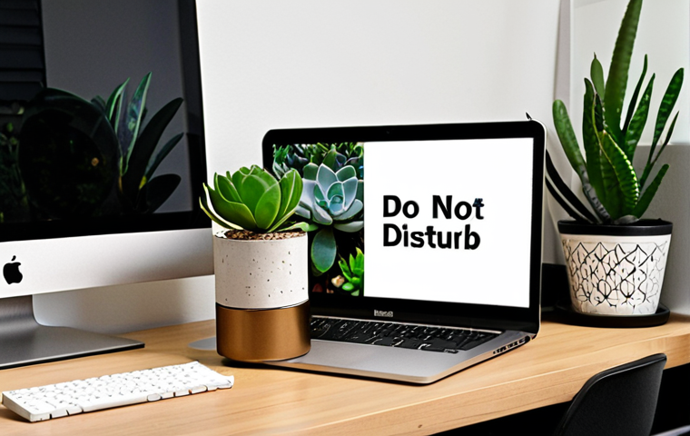 **Focused Workspace with Greenery:** Close-up of a dedicated workspace. Feature noise-canceling headphones, a small desk with a Trello board visible on a screen, a succulent plant, and a scented candle. A "Do Not Disturb" sign is subtly visible on the door.